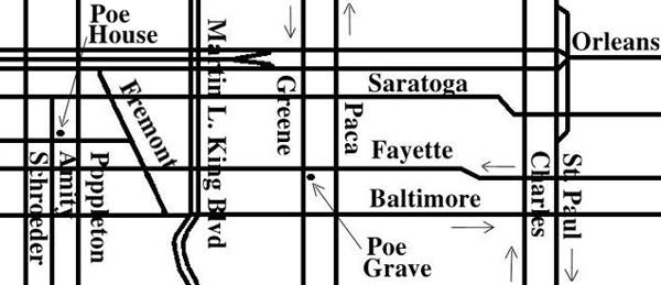 Grayscale map showing location of the Poe House and Grave
