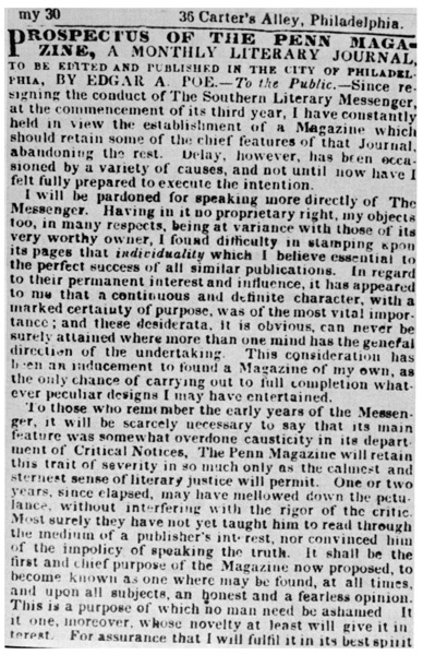 Poe's prospectus of the Penn Magazine, in the Saturday Evenig Post, June 6, 1840