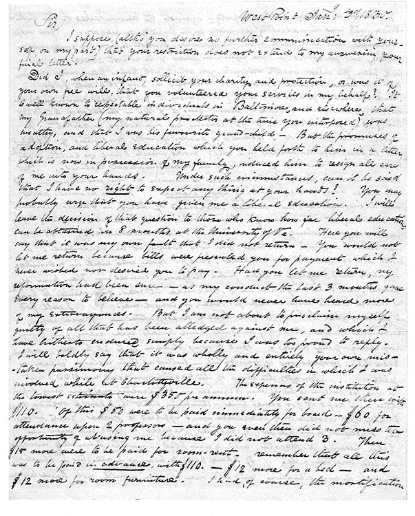 Edgar Allan Poe, letter to John Allan, January 3, 1830
