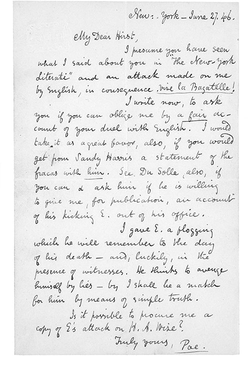 MS letter from Poe to Henry B. Hirst, June 27, 1846