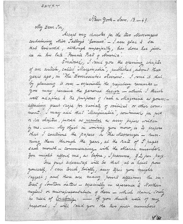 MS letter from Poe to John R. Thompson, January 13, 1849