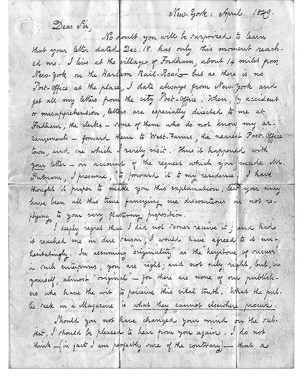 MS letter from Poe to E. H. N. Patterson, April 30, 1849