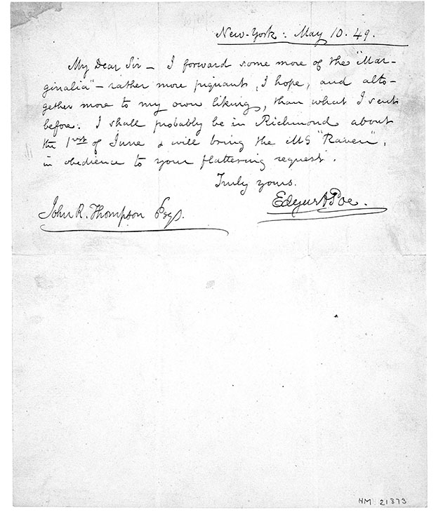 MS letter from Poe to John R. Thompson