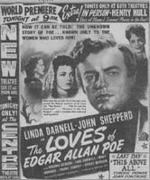 Newsprint advertisement for The Loves of Edgar Allan Poe (1942)