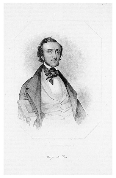 Steel engraving of Edgar Allan Poe, from Graham's Magazine (February 1845)