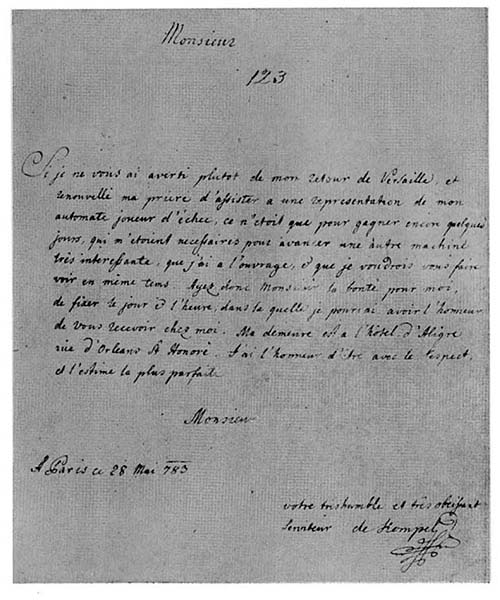 Letter from Baron Von Kempelen to Benjamin Franklin