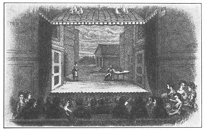 Engraving by Samuel Hollyer of the interior of the John Street Theatre, New York City