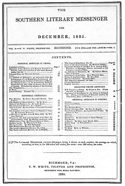 Front wrapper of the Southern Literary Messenger, December 1835