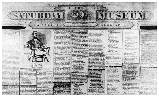 Biographical article on Edgar Allan Poe, from the Philadelphia Saturday Museum, February 25, 1843