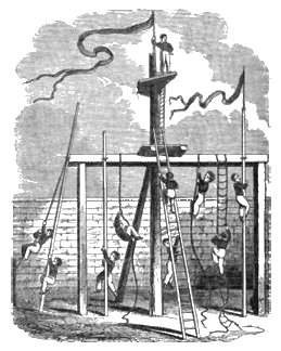 Woodcut Engraving of Men on a Climbing Stand