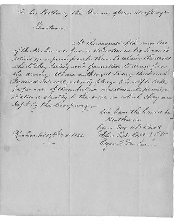 Edgar Allan Poe, MS letter to Governor and Council of VA, Nov. 16, 1824
