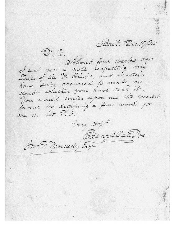 Edgar Allan Poe, letter to John P. Kennedy, December 19, 1834