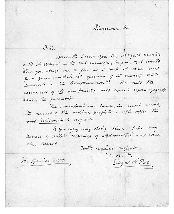 Edgar Allan Poe, letter to Hiram Haines, August 19, 1836