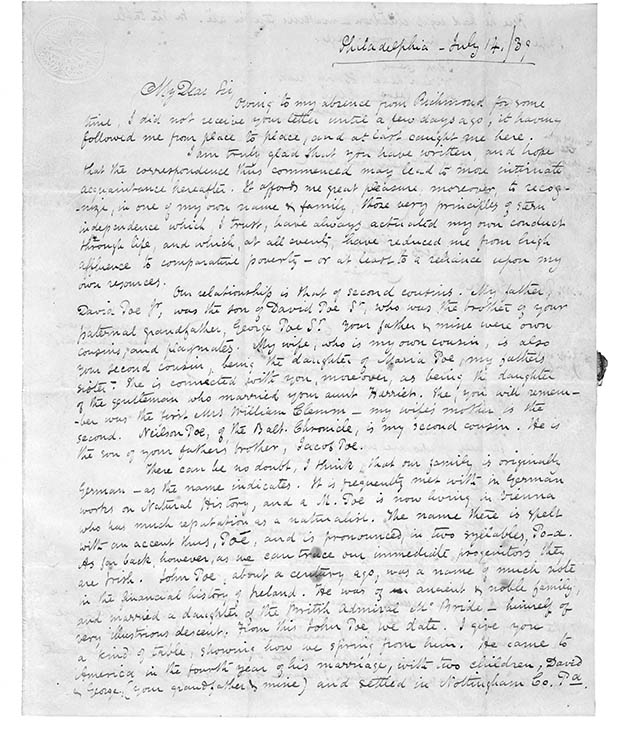 Edgar Allan Poe, letter to George W. Poe, July 14, 1839