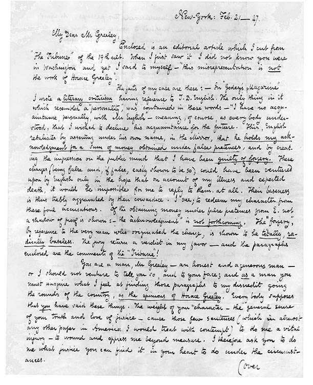 MS letter from Poe to Horace Greeley, February 21, 1847