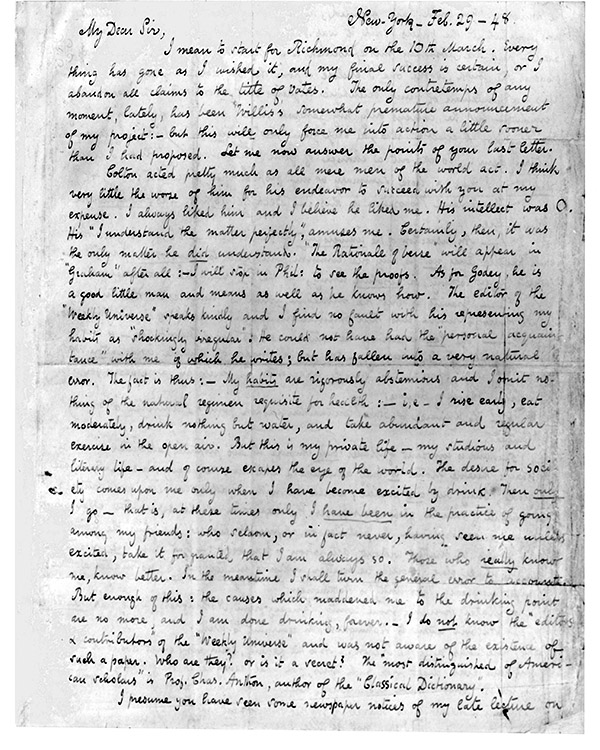 MS letter from Poe to George W. Eveleth, February 29, 1848