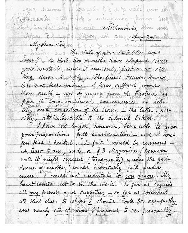 MS letter from Poe to E. H. N. Patterson, August 7, 1849