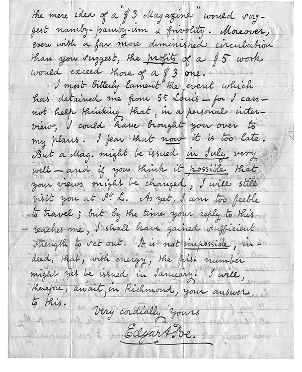 MS letter from Poe to E. H. N. Patterson, August 7, 1849