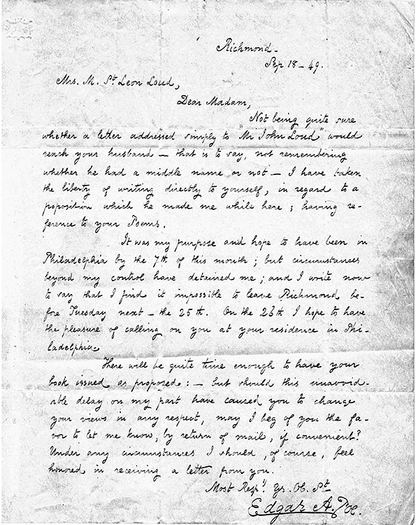 MS letter from Poe to Mrs. Marguerite St. Leon Loud, September 16, 1849